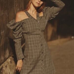 NWT QUAINT Button Down Halter Neck Gray Windowpane Academia Mini Shirt Dress M